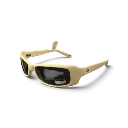 OutOf10 Tommy Hilfiger rectangular sunglasses with cream-toned wrap-around frames and dark protective lenses.