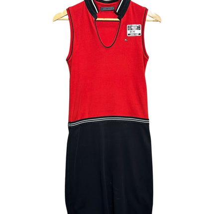 OutOf10 Tommy Hilfiger sleeveless polo dress in red and black with a striped V-neck collar and embroidered logo.