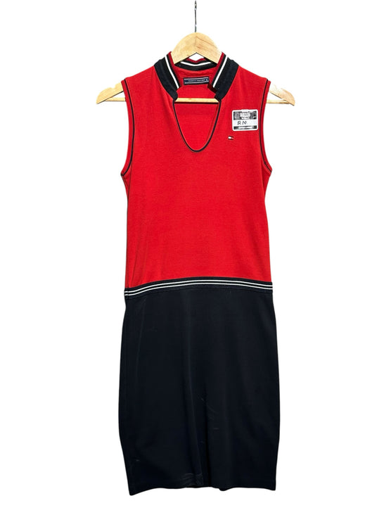 OutOf10 Tommy Hilfiger sleeveless polo dress in red and black with a striped V-neck collar and embroidered logo.