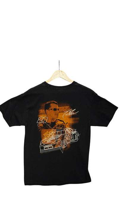 OutOf10 black cotton crewneck t-shirt featuring a back graphic of Tony Stewart and his number 20 NASCAR race car.