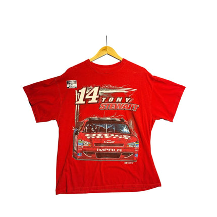 OutOf10 red Tony Stewart NASCAR graphic crewneck t-shirt featuring a number 14 Chevrolet Impala print