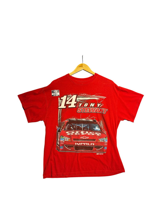 OutOf10 red Tony Stewart NASCAR graphic crewneck t-shirt featuring a number 14 Chevrolet Impala print
