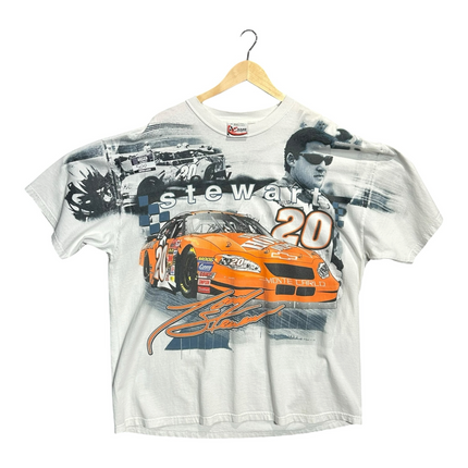OutOf10 vintage grey Tony Stewart NASCAR graphic t-shirt featuring a #20 Home Depot race car and driver portrait
