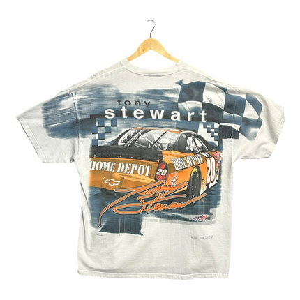 OutOf10 grey cotton t-shirt featuring a vintage Tony Stewart NASCAR graphic with a race car and checkered flag print.