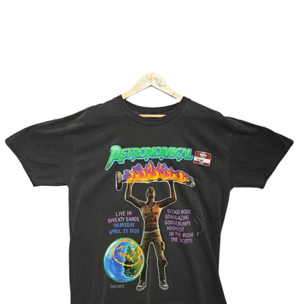 OutOf10 Travis Scott Astronomical Fortnite graphic t-shirt in washed black cotton with vibrant concert event print.