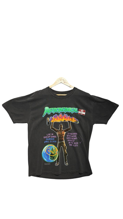 OutOf10 Travis Scott Astronomical Fortnite graphic t-shirt in washed black cotton with vibrant concert event print.