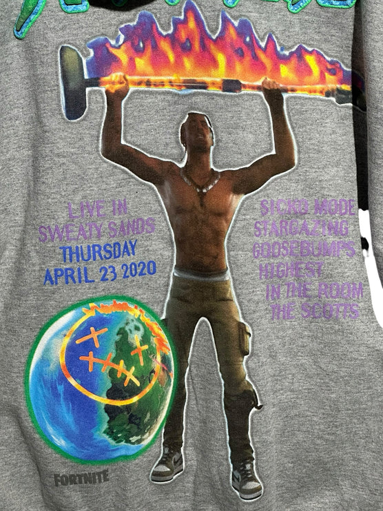 OutOf10 grey cotton Travis Scott Cactus Jack x Fortnite Astronomical hoodie with vibrant back graphic print