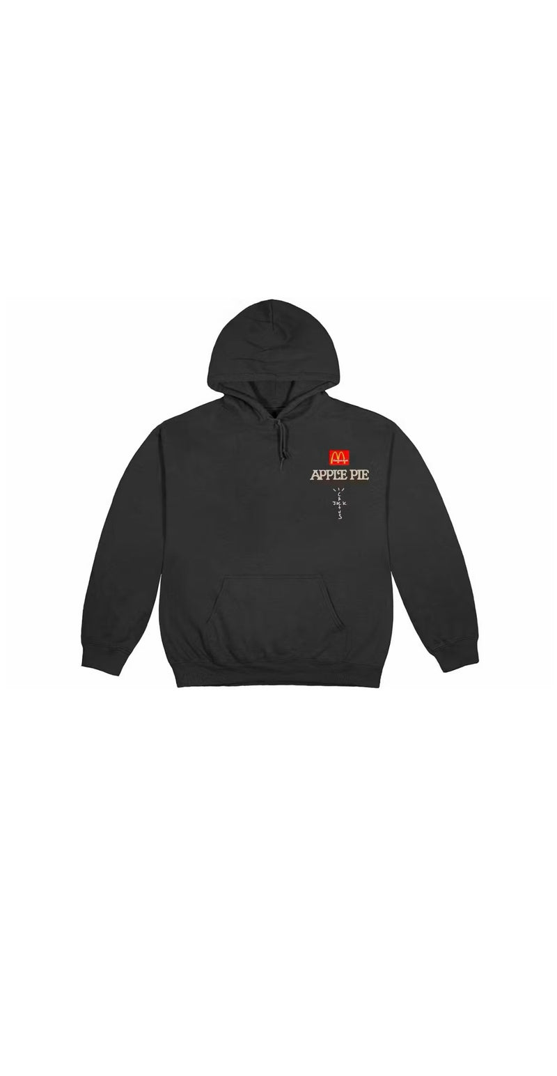 OutOf10 black Travis Scott Cactus Jack McDonald's hoodie with Apple Pie graphic and kangaroo pocket