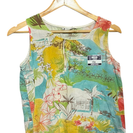 OutOf10 sleeveless linen-blend tank top featuring a vibrant, multi-colored tropical landscape and floral print.