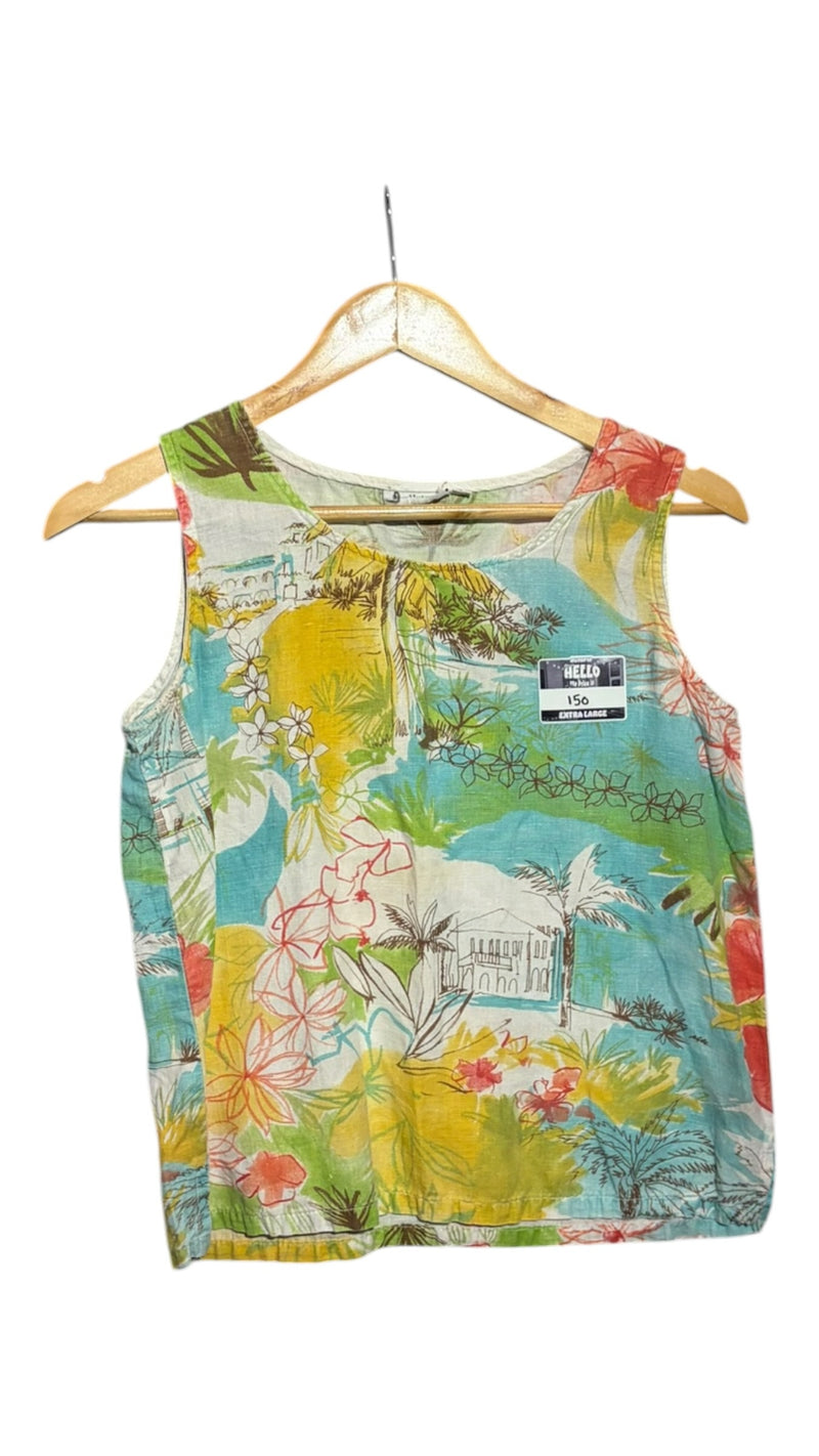 OutOf10 sleeveless linen-blend tank top featuring a vibrant, multi-colored tropical landscape and floral print.