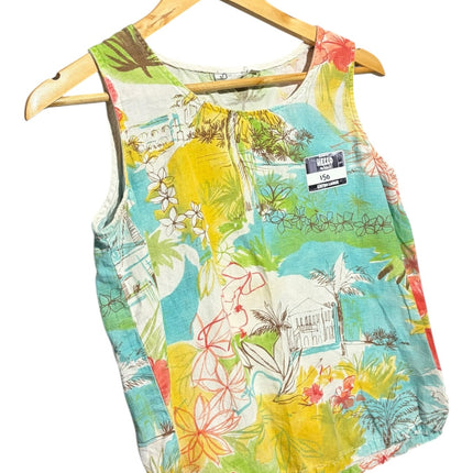 OutOf10 sleeveless linen-blend tank top featuring a vibrant, multi-colored tropical landscape and floral print.