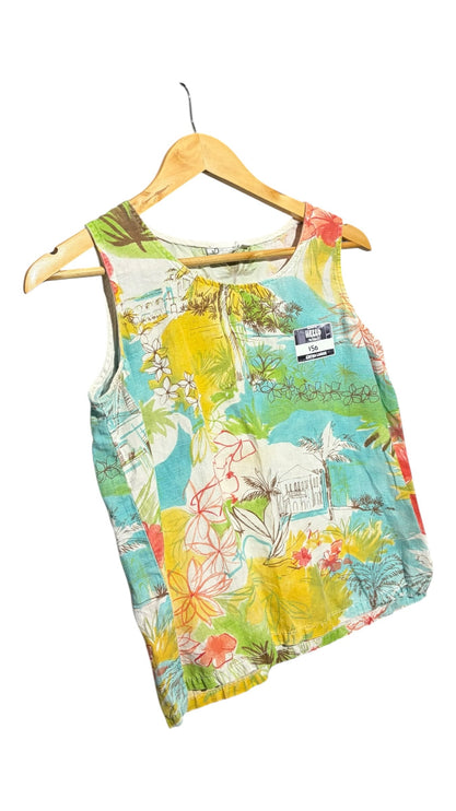 OutOf10 sleeveless linen-blend tank top featuring a vibrant, multi-colored tropical landscape and floral print.