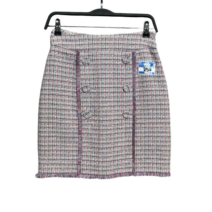 OutOf10 textured tweed mini skirt in pink, navy, and cream check with double-breasted buttons and a frayed hem.