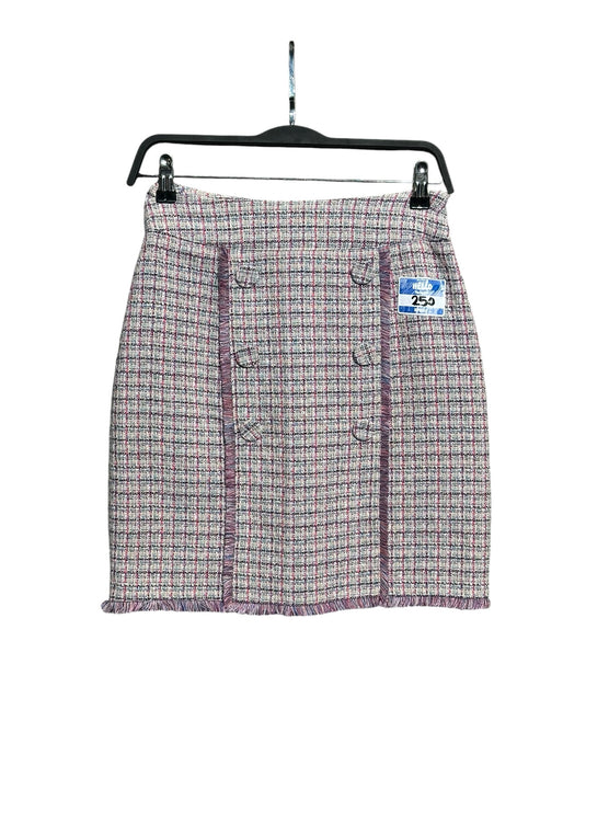 OutOf10 textured tweed mini skirt in pink, navy, and cream check with double-breasted buttons and a frayed hem.