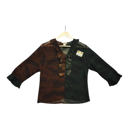 OutOf10 two-tone ruffled blouse featuring a brown animal print and forest green split-panel design with V-neckline.