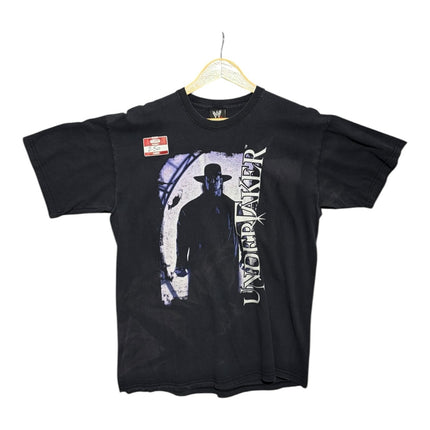 OutOf10 black cotton t-shirt featuring a vintage graphic print of WWE wrestler The Undertaker on the front.