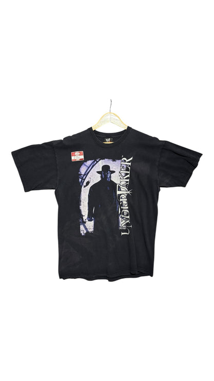 OutOf10 black cotton t-shirt featuring a vintage graphic print of WWE wrestler The Undertaker on the front.