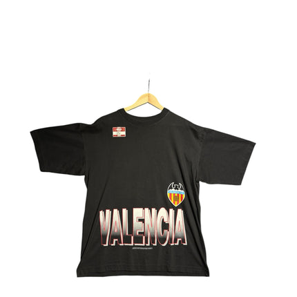 OutOf10 black Valencia CF short sleeve cotton t-shirt with a retro graphic print and club crest on a wooden hanger.