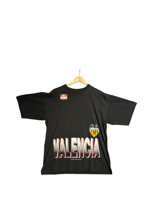 OutOf10 black Valencia CF short sleeve cotton t-shirt with a retro graphic print and club crest on a wooden hanger.