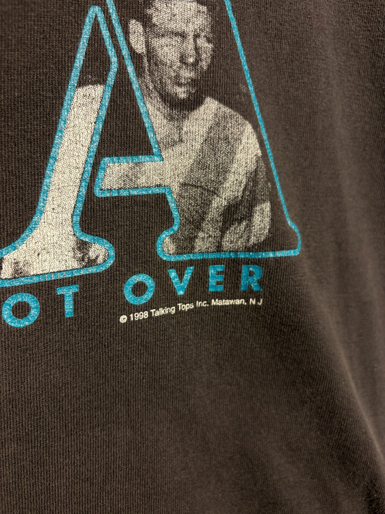 OutOf10 vintage 1998 black cotton t-shirt with distressed graphic print and teal outline detail
