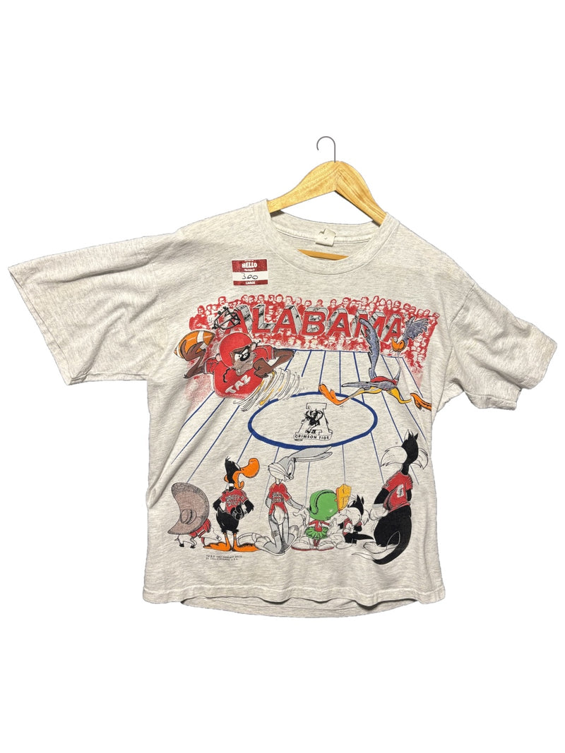 OutOf10 vintage 1993 Alabama Crimson Tide Looney Tunes graphic t-shirt in heather grey with cartoon football print.