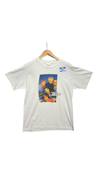 OutOf10 vintage off-white Backstreet Boys graphic t-shirt with a 90s boy band portrait print on a wooden hanger.