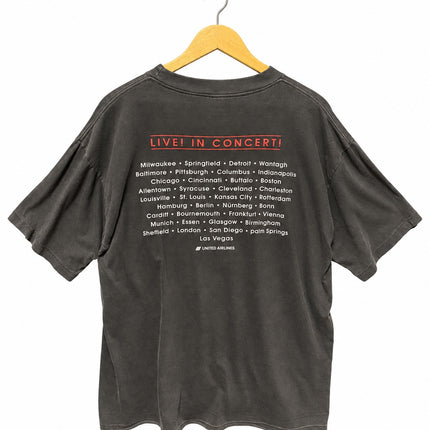 OutOf10 vintage washed-black cotton t-shirt featuring a Live In Concert tour list on the back with red accents