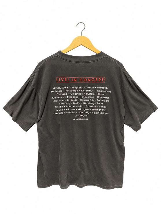 OutOf10 vintage washed-black cotton t-shirt featuring a Live In Concert tour list on the back with red accents