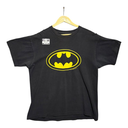 OutOf10 vintage black crewneck t-shirt featuring the iconic yellow and black Batman oval logo on the chest.