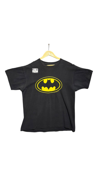 OutOf10 vintage black crewneck t-shirt featuring the iconic yellow and black Batman oval logo on the chest.