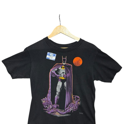 OutOf10 black cotton crewneck t-shirt featuring a vintage Batman graphic with a dramatic orange moon backdrop