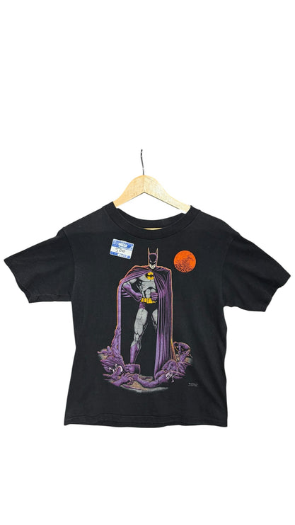 OutOf10 black cotton crewneck t-shirt featuring a vintage Batman graphic with a dramatic orange moon backdrop
