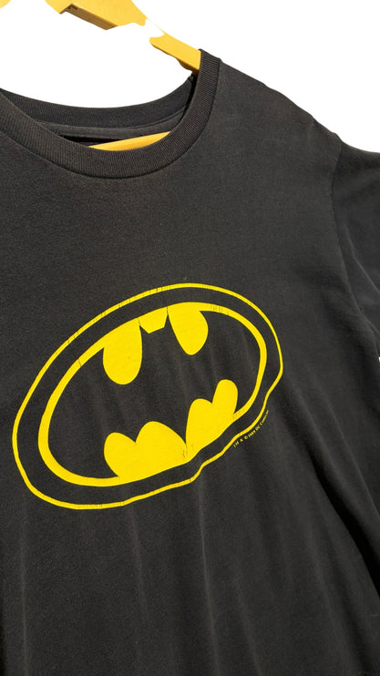 OutOf10 vintage black crewneck t-shirt featuring the iconic yellow Batman oval logo graphic on the chest
