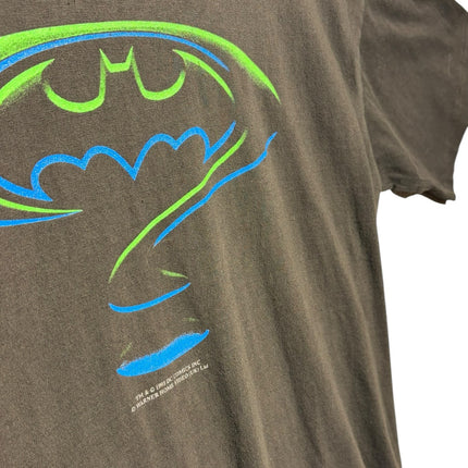 OutOf10 vintage black cotton crewneck t-shirt featuring a neon green and electric blue Batman logo graphic print.