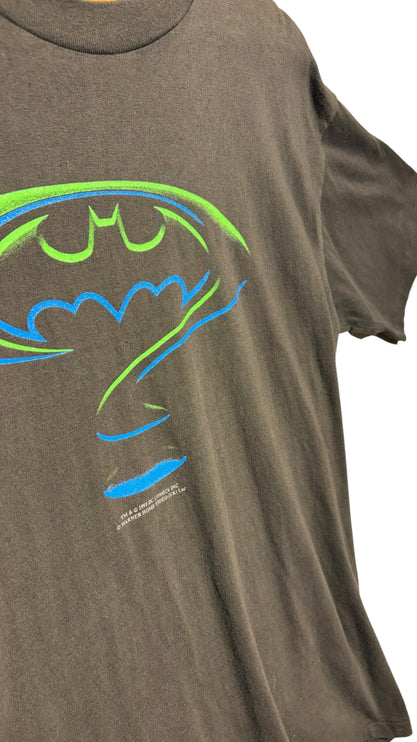 OutOf10 vintage black cotton crewneck t-shirt featuring a neon green and electric blue Batman logo graphic print.