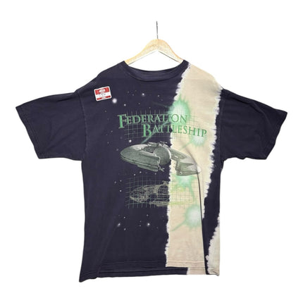 OutOf10 vintage navy cotton t-shirt with a bleached side panel and a Federation Battleship sci-fi graphic print.