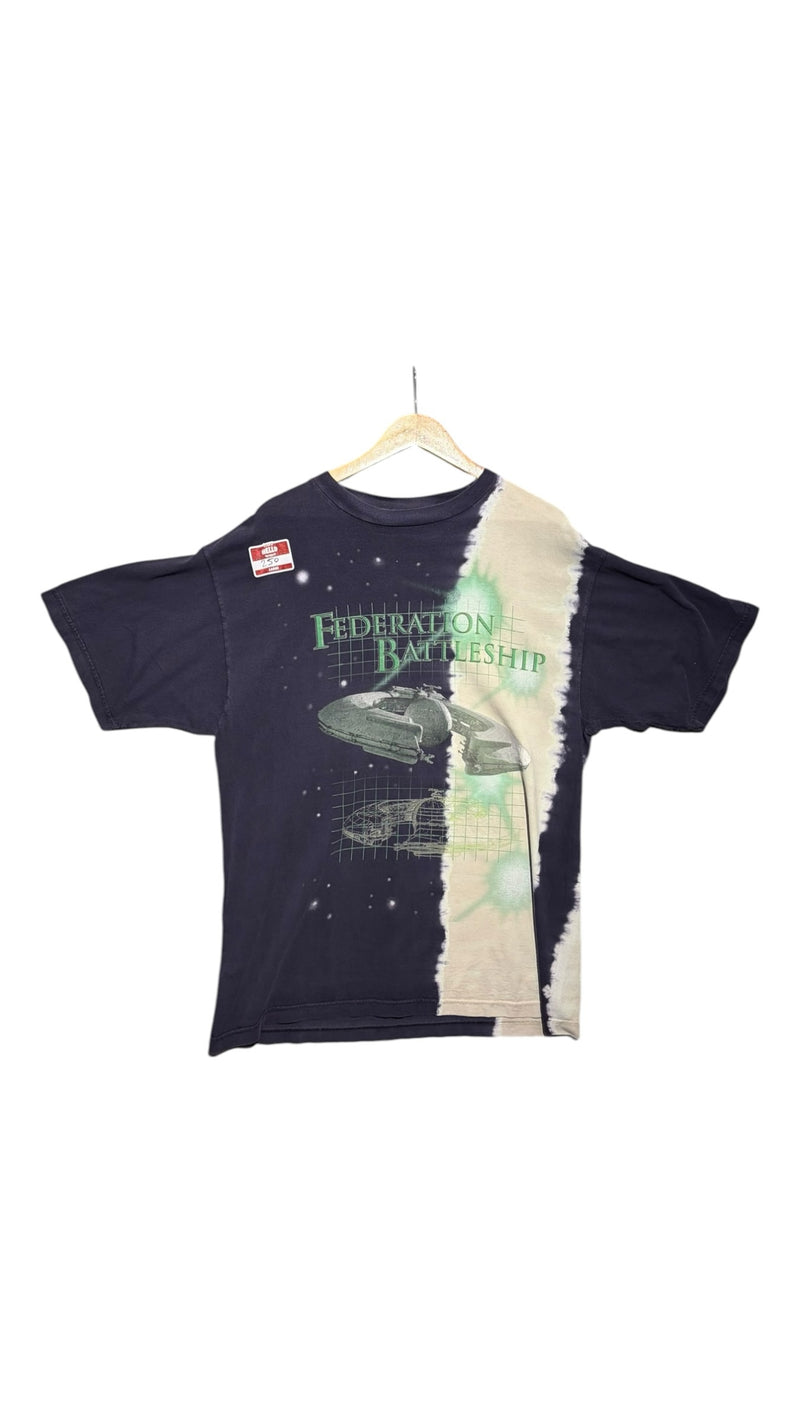 OutOf10 vintage navy cotton t-shirt with a bleached side panel and a Federation Battleship sci-fi graphic print.
