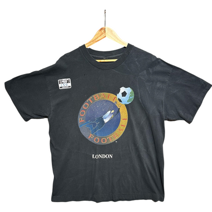 OutOf10 vintage black cotton t-shirt with a cosmic football graphic print and London text on a wooden hanger