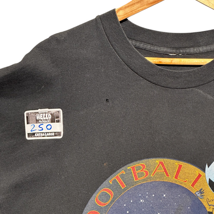 OutOf10 vintage black cotton t-shirt featuring a football graphic and a small collar hole for a lived-in aesthetic.