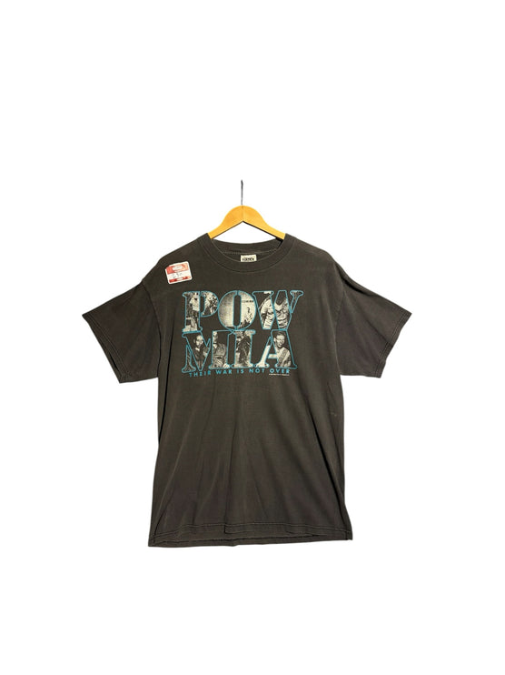OutOf10 vintage 1998 black cotton crewneck t-shirt with distressed POW/MIA graphic print and teal outline detail.