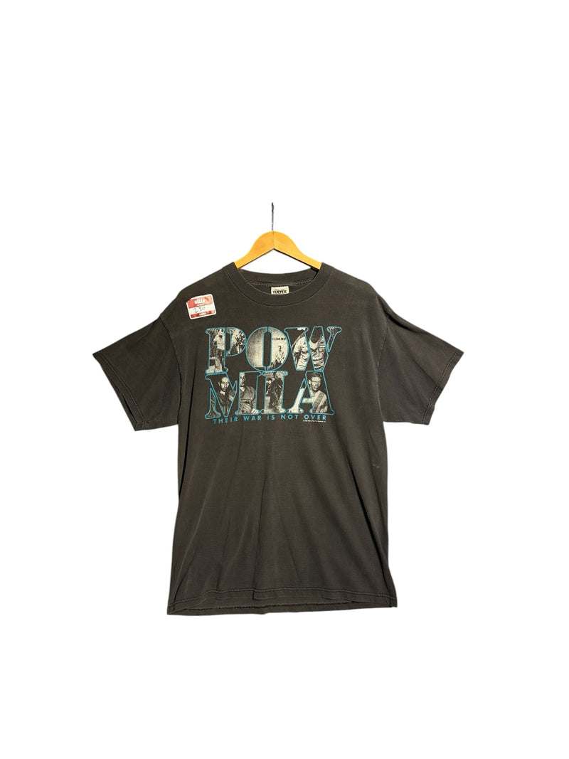 OutOf10 vintage 1998 black cotton crewneck t-shirt with distressed POW/MIA graphic print and teal outline detail.