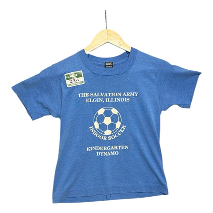 OutOf10 vintage blue youth soccer t-shirt with Salvation Army Elgin Illinois graphic on a wooden hanger
