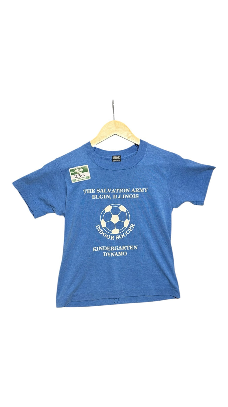 OutOf10 vintage blue youth soccer t-shirt with Salvation Army Elgin Illinois graphic on a wooden hanger