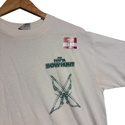 OutOf10 vintage off-white crewneck t-shirt with green Just Hafta Bow Hunt graphic and crossed bow and arrow print