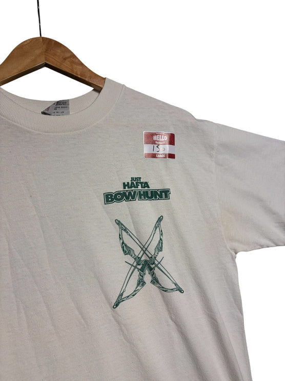 OutOf10 vintage off-white crewneck t-shirt with green Just Hafta Bow Hunt graphic and crossed bow and arrow print