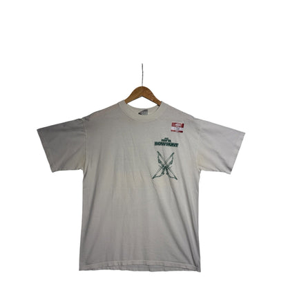 OutOf10 vintage off-white crewneck t-shirt featuring a Just Hafta Bow Hunt graphic on the front chest