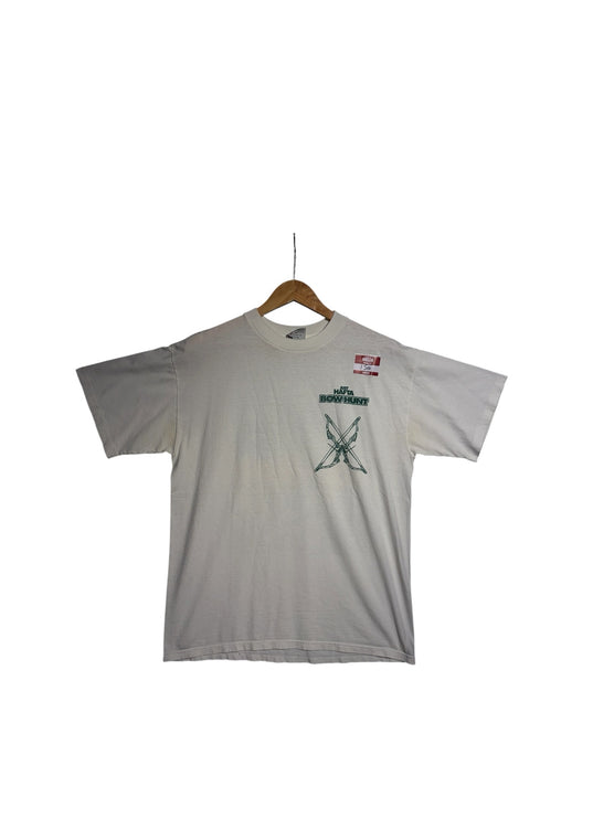 OutOf10 vintage off-white crewneck t-shirt featuring a Just Hafta Bow Hunt graphic on the front chest
