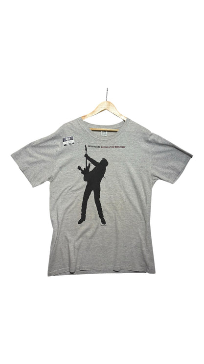 OutOf10 vintage grey Bryan Adams Waking Up The World tour t-shirt with black silhouette graphic on a wooden hanger