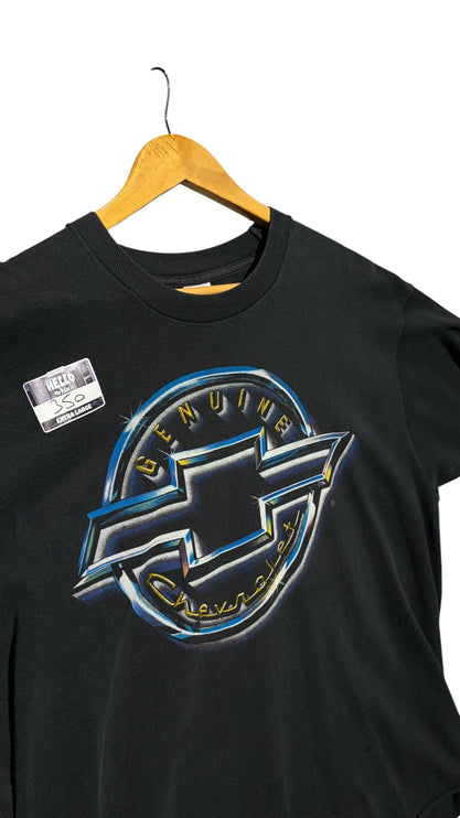 OutOf10 black cotton crewneck t-shirt featuring a vintage metallic Chevrolet bowtie graphic logo on the front