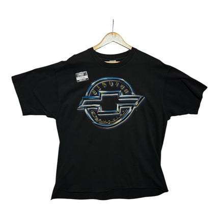 OutOf10 black cotton crewneck t-shirt featuring a vintage Chevrolet graphic logo with metallic-style detailing.